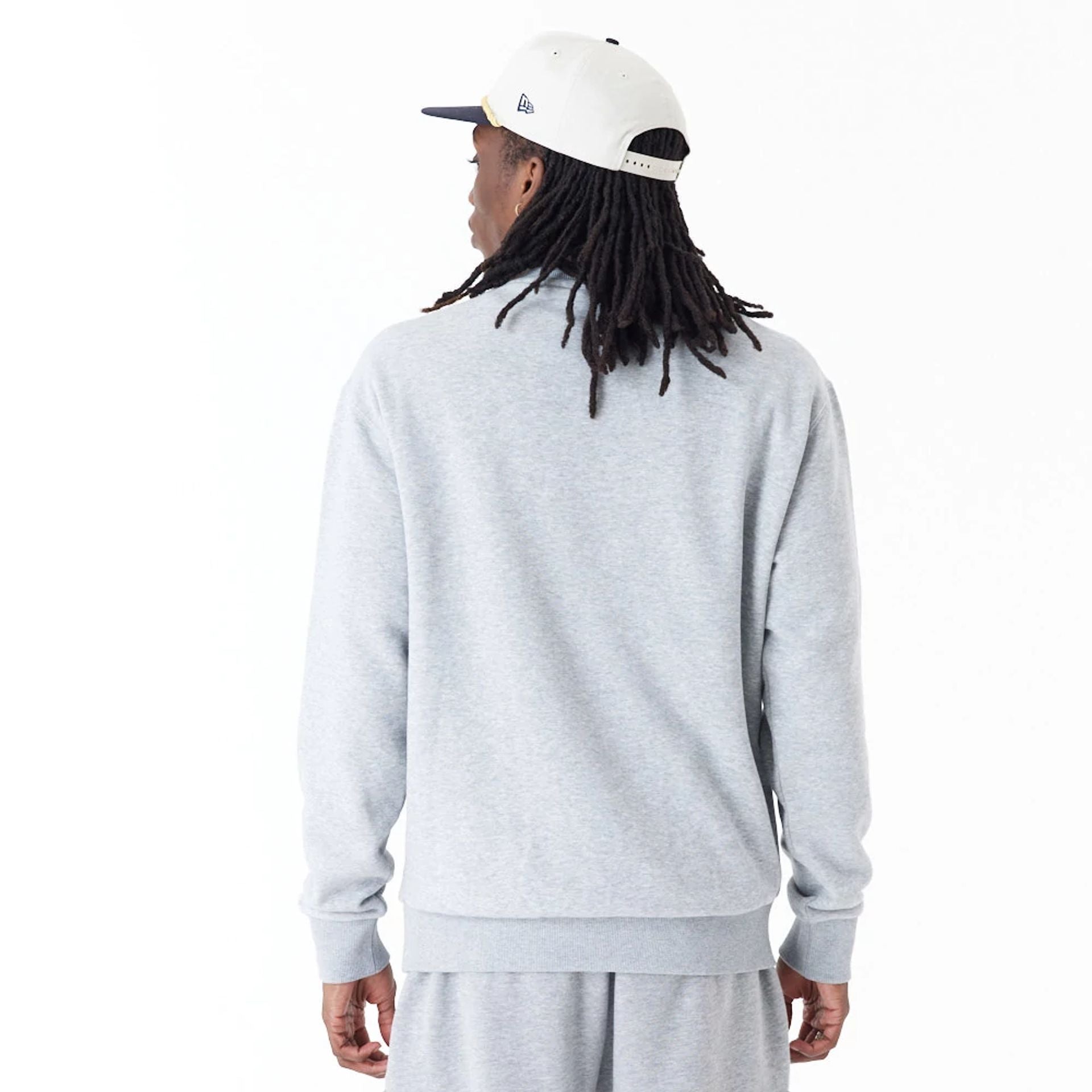 The Male model is wearing New Era Arch Graphic Grey Crew Neck Sweatshirt 3