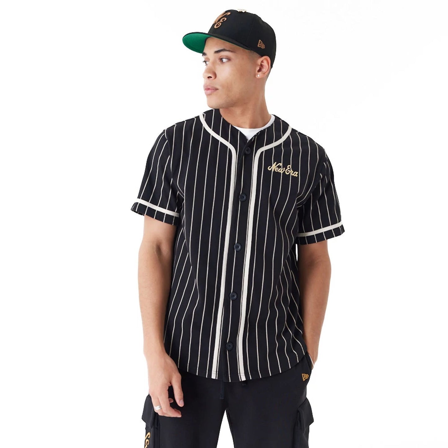 The Male model is wearing New Era Pinstripe Black Jersey 8