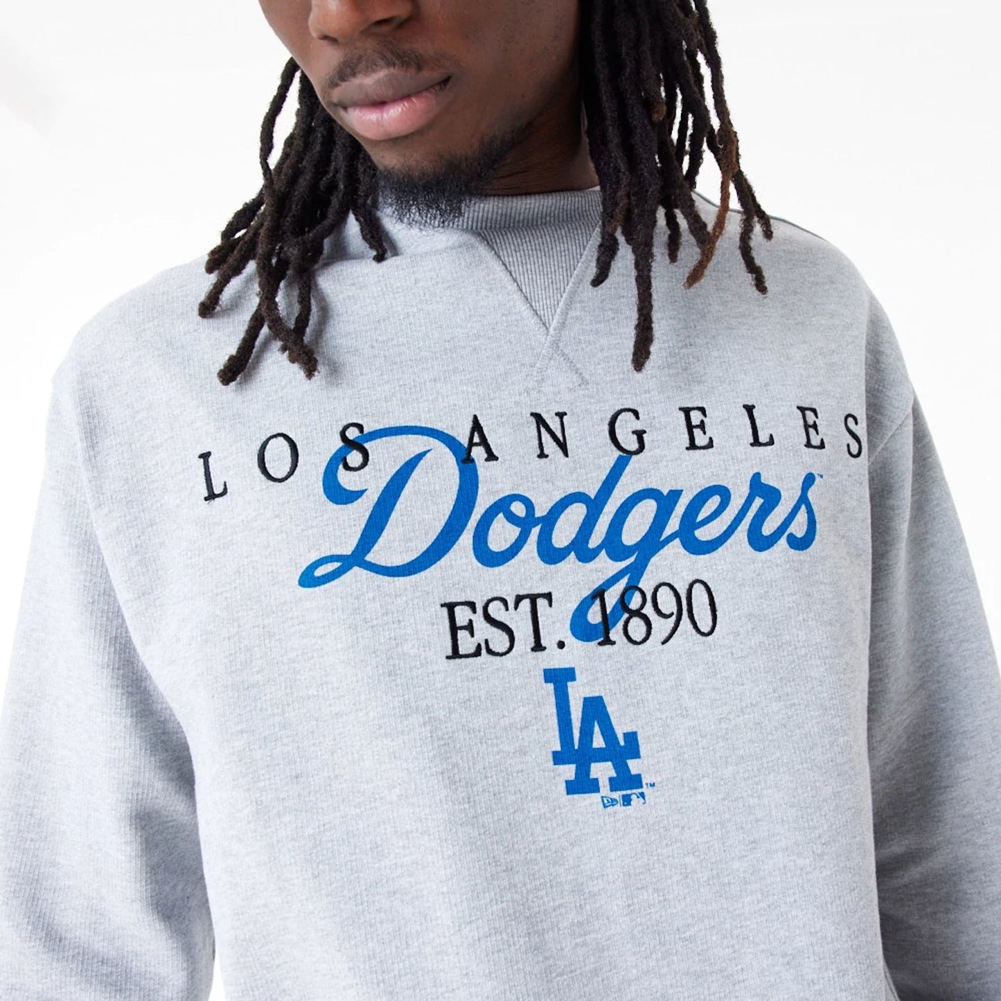 The Male model is wearing LA Dodgers MLB Lifestyle Grey Crew Neck Sweatshirt 2