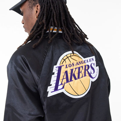 The Male model is wearing LA Lakers NBA Applique Satin Black Bomber Jacket 7