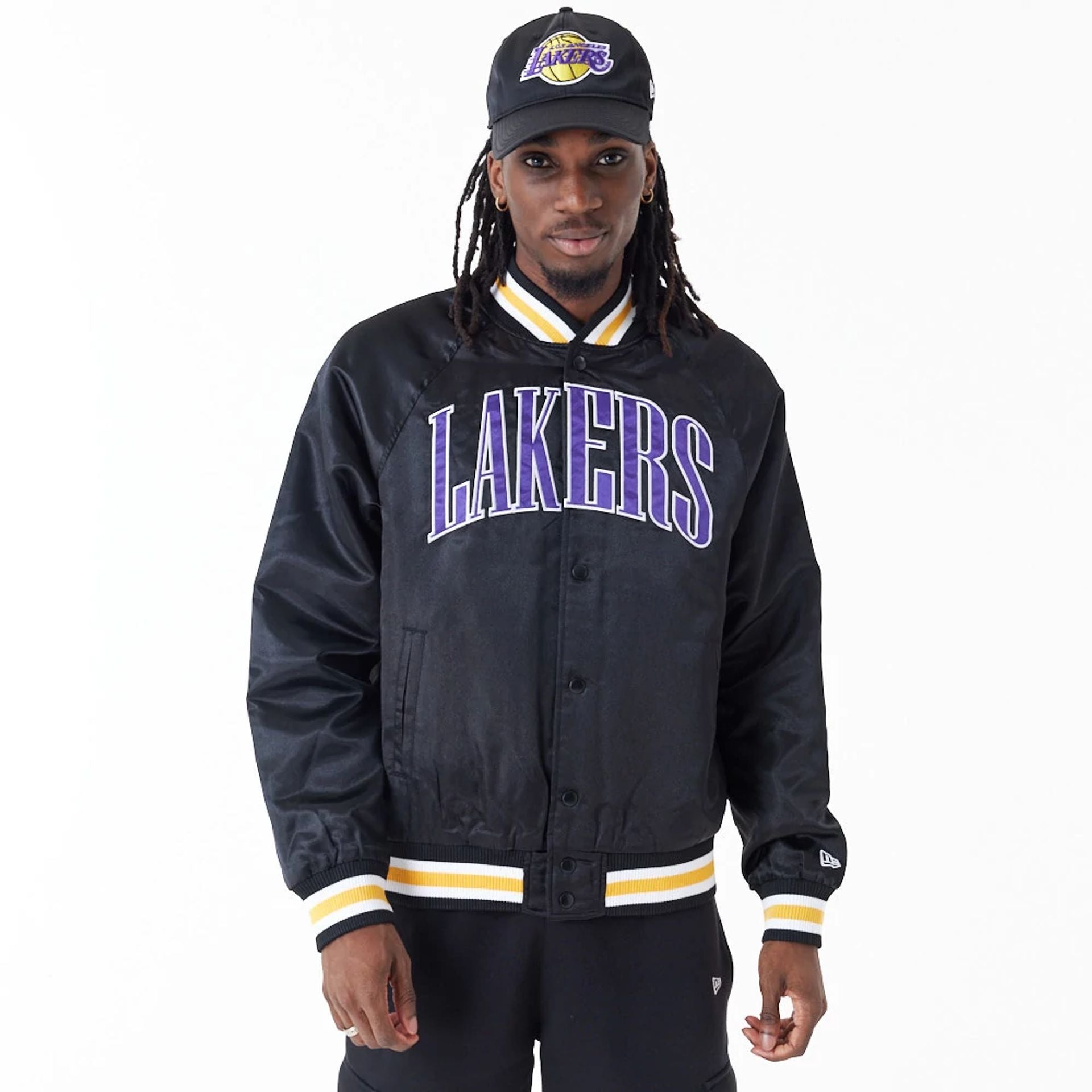 The Male model is wearing LA Lakers NBA Applique Satin Black Bomber Jacket 1