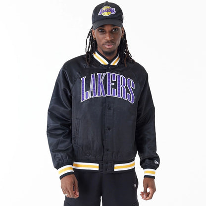 The Male model is wearing LA Lakers NBA Applique Satin Black Bomber Jacket 1