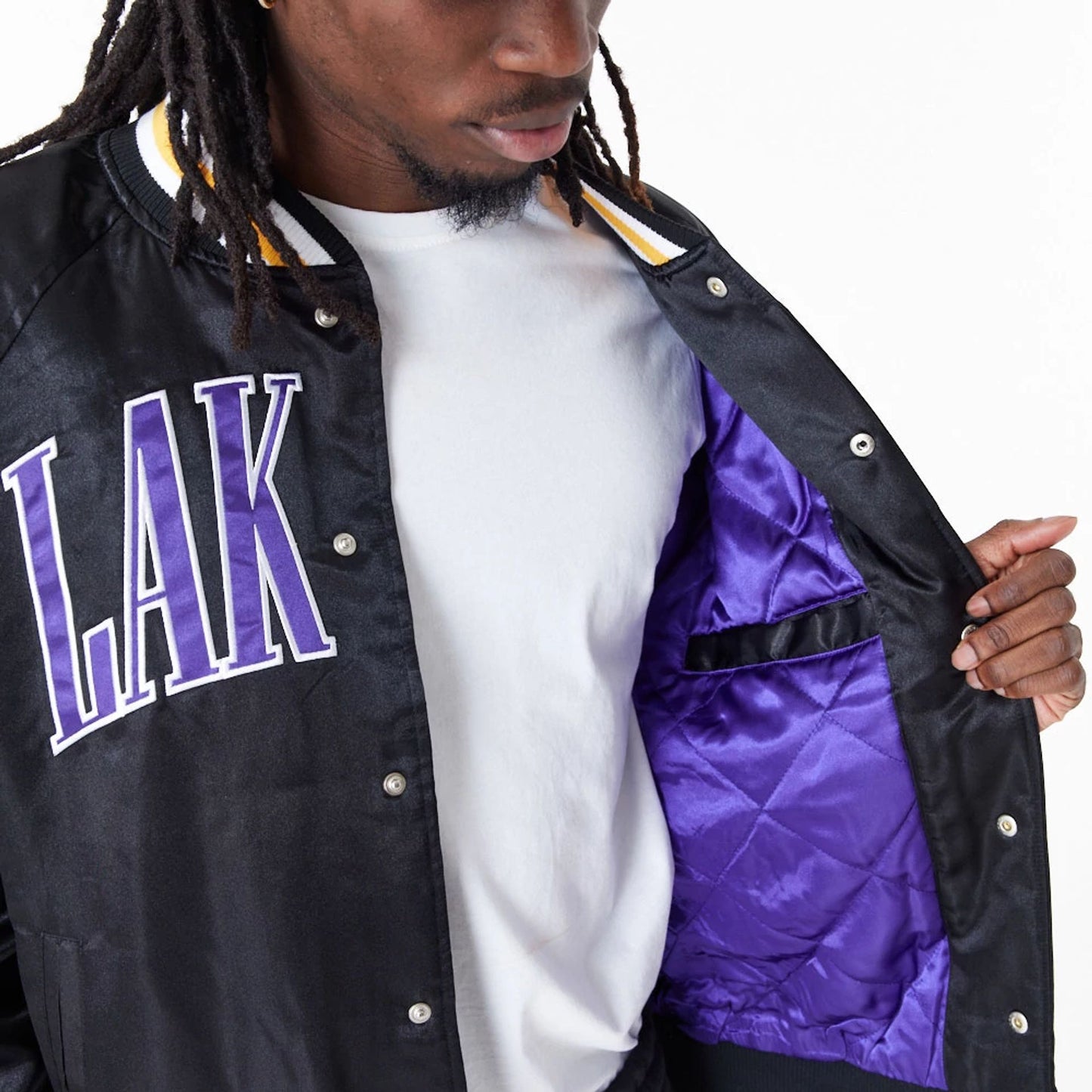 The Male model is wearing LA Lakers NBA Applique Satin Black Bomber Jacket 4