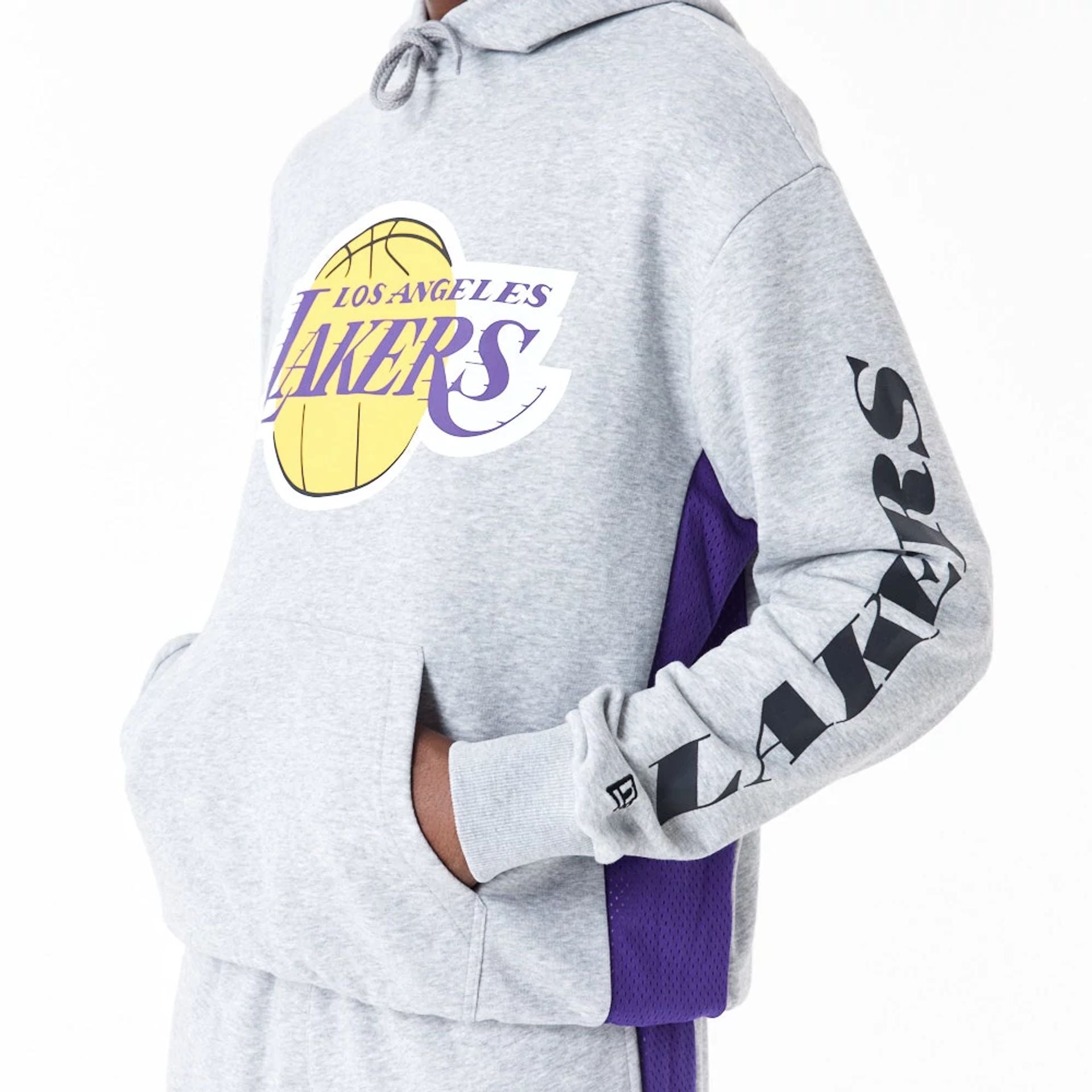 The Male model is wearing LA Lakers NBA Mesh Panel Grey Oversized Pullover Hoodie 2