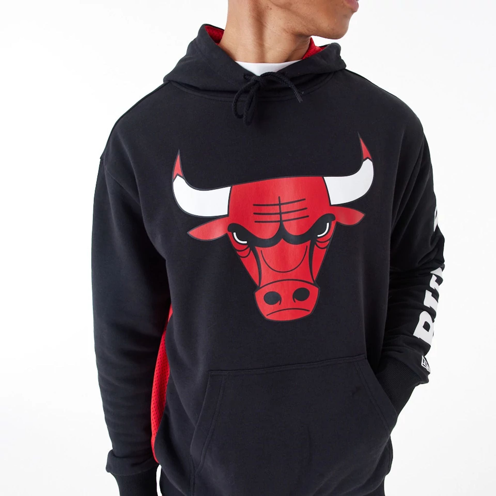 The Male model is wearing Chicago Bulls NBA Mesh Panel Black Oversized Pullover Hoodie 2