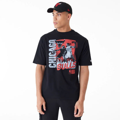 The Male model is wearing Chicago Bulls NBA Player Graphic Black Oversized T-Shirt 5