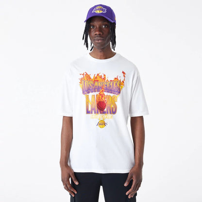 The Male model is wearing LA Lakers NBA Flame Graphic White Oversized T-Shirt 1