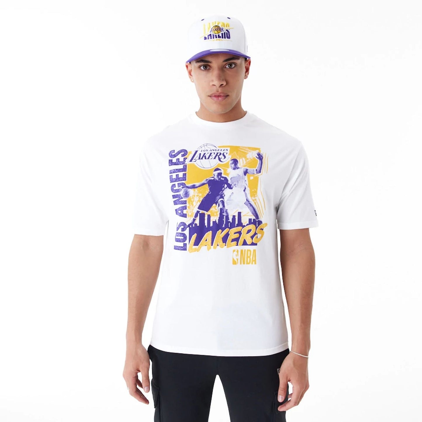 The Male model is wearing LA Lakers NBA Player Graphic White Oversized T-Shirt 2