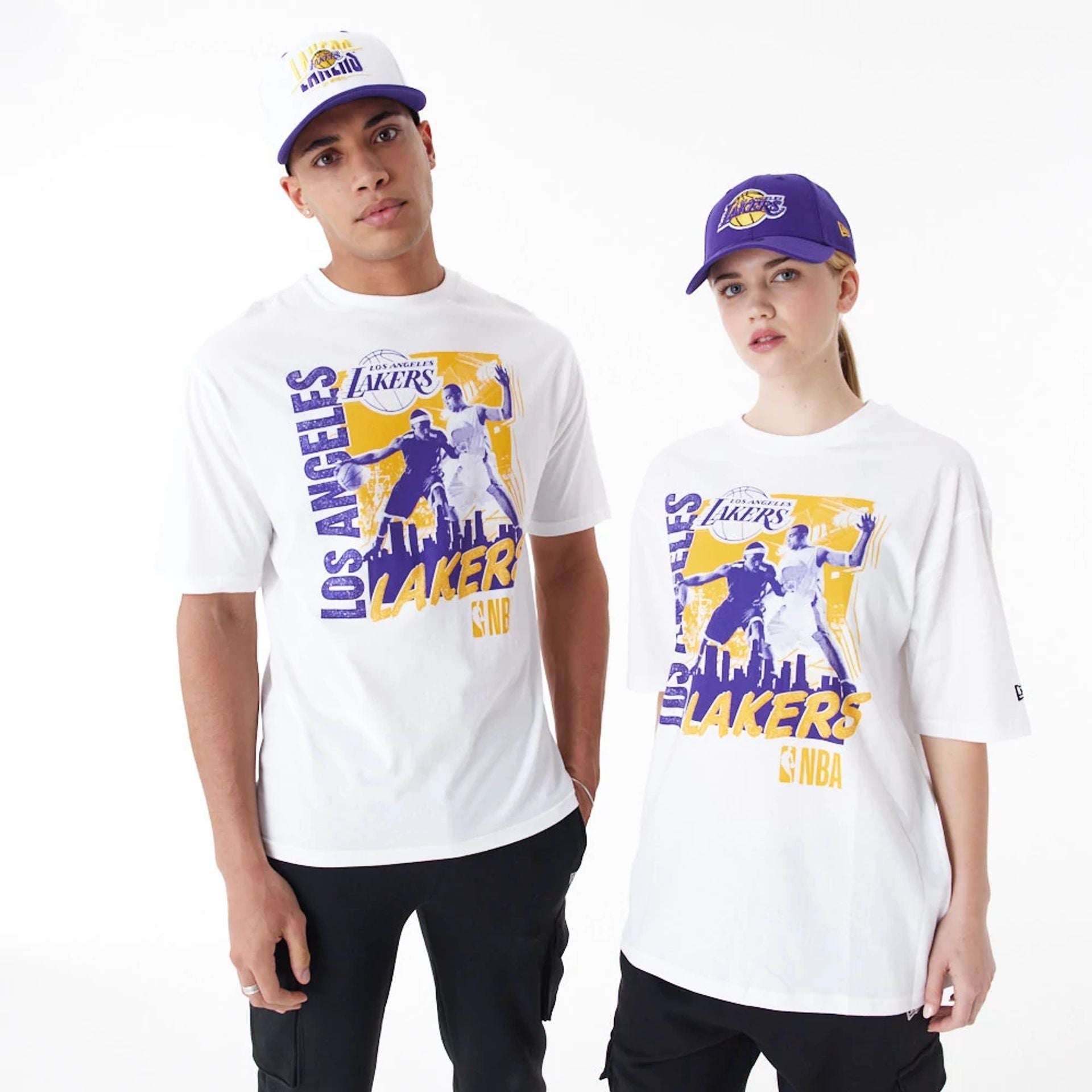 The Male model is wearing LA Lakers NBA Player Graphic White Oversized T-Shirt 1