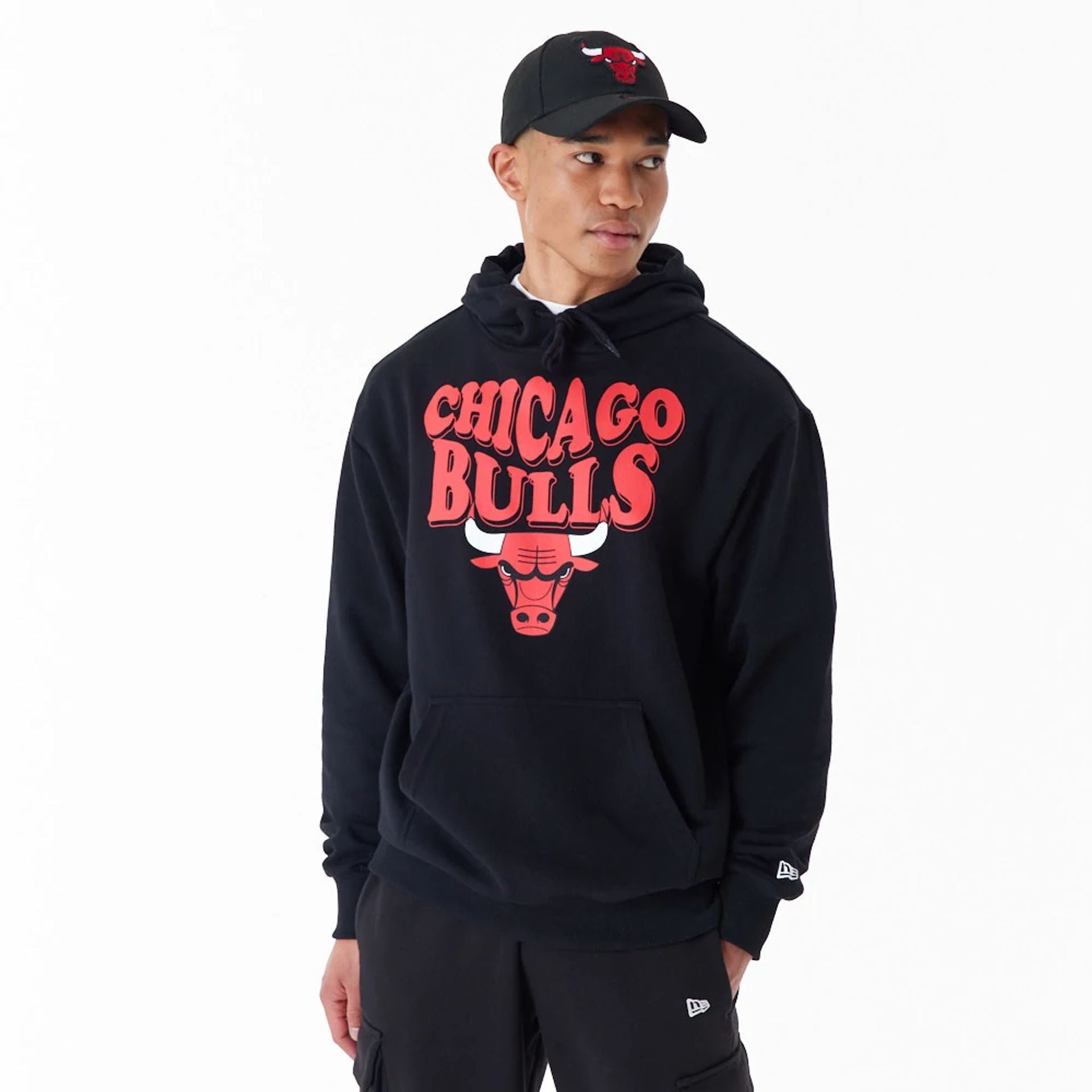 The Male model is wearing Chicago Bulls NBA Script Black Oversized Pullover Hoodie 1