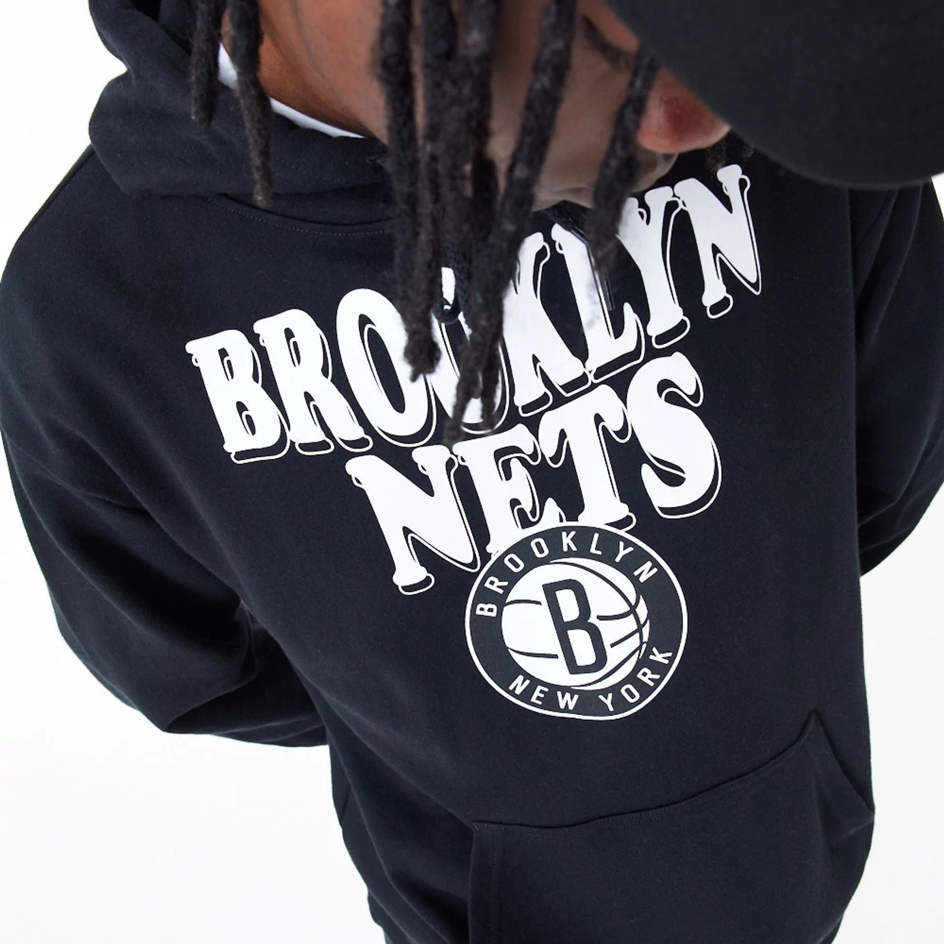 The Male model is wearing Brooklyn Nets NBA Script Black Oversized Pullover Hoodie 4