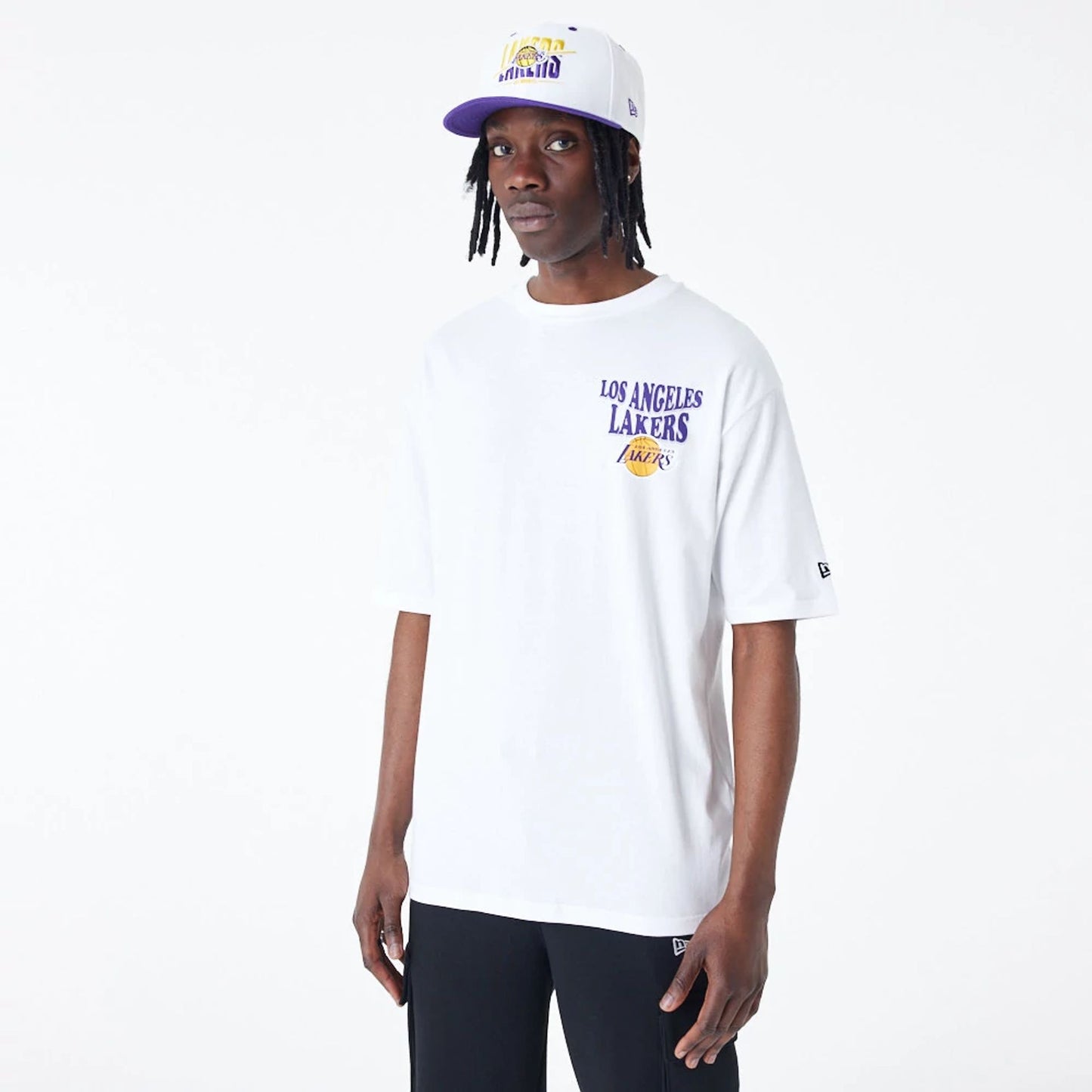 The Male model is wearing LA Lakers NBA Script White Oversized T-Shirt 9