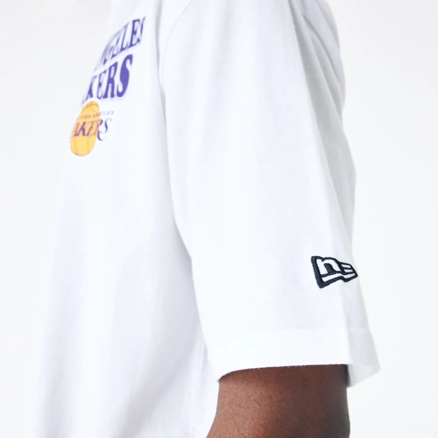 The Male model is wearing LA Lakers NBA Script White Oversized T-Shirt 7