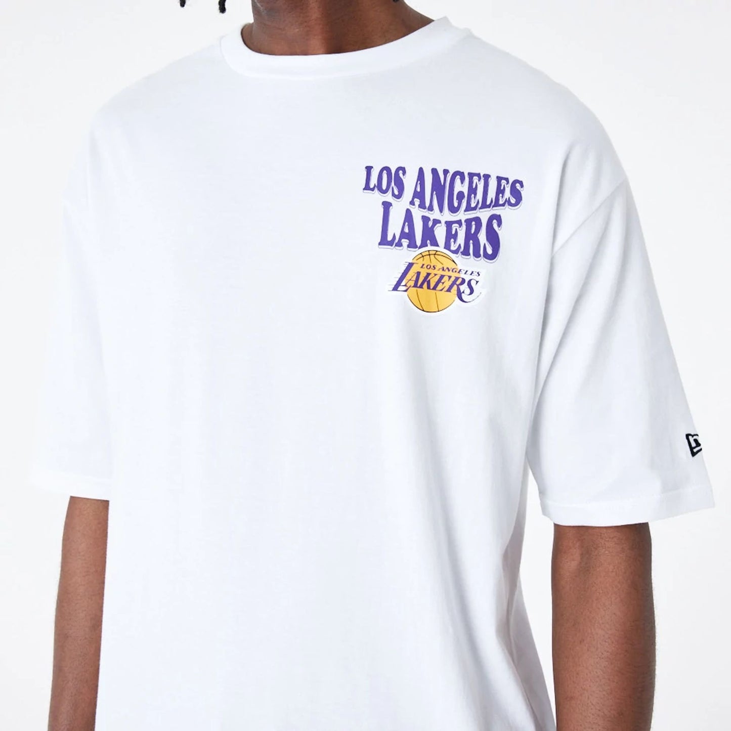 The Male model is wearing LA Lakers NBA Script White Oversized T-Shirt 4