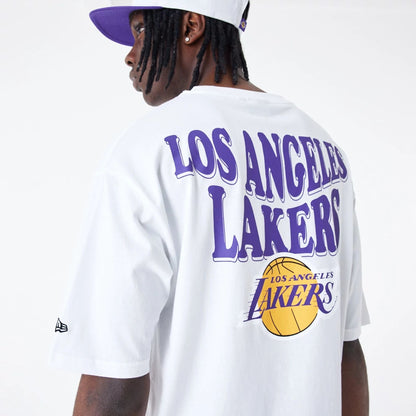 The Male model is wearing LA Lakers NBA Script White Oversized T-Shirt 5