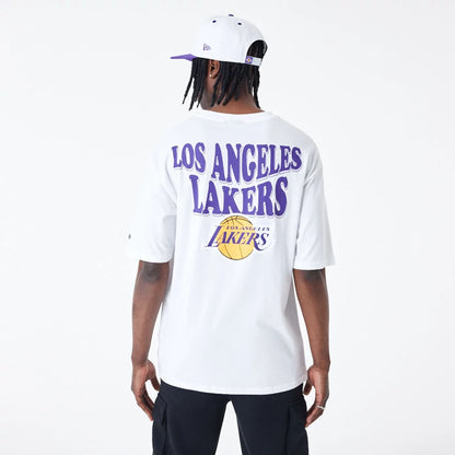 The Male model is wearing LA Lakers NBA Script White Oversized T-Shirt 3