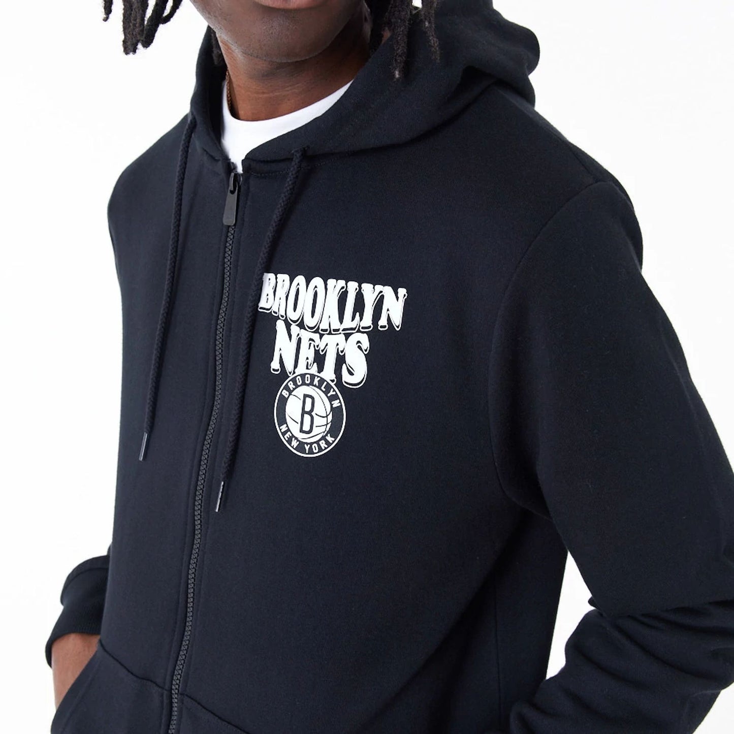 The Male model is wearing Brooklyn Nets NBA Script Black Full Zip Hoodie 6