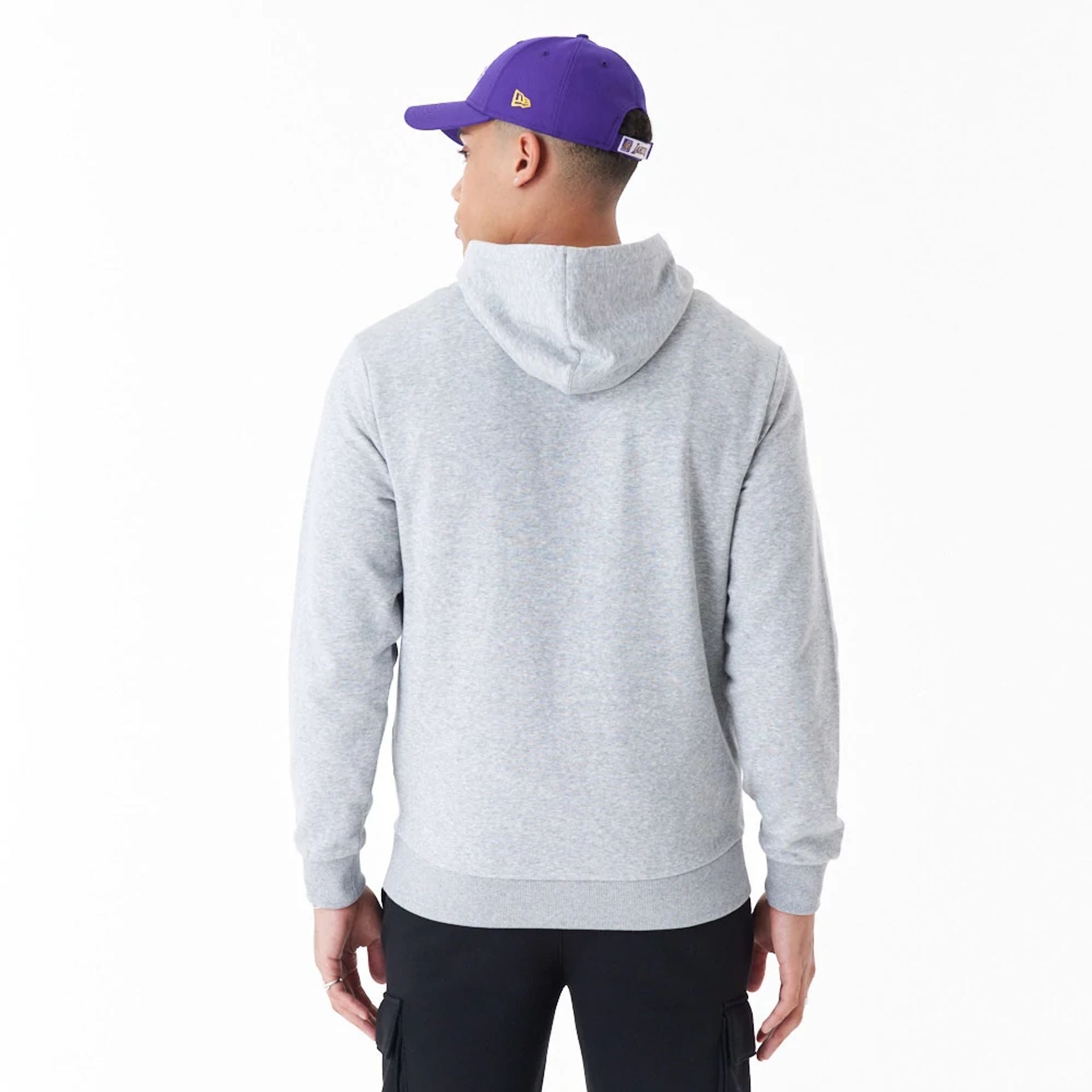 The Male model is wearing LA Lakers NBA Script Grey Full Zip Hoodie 5