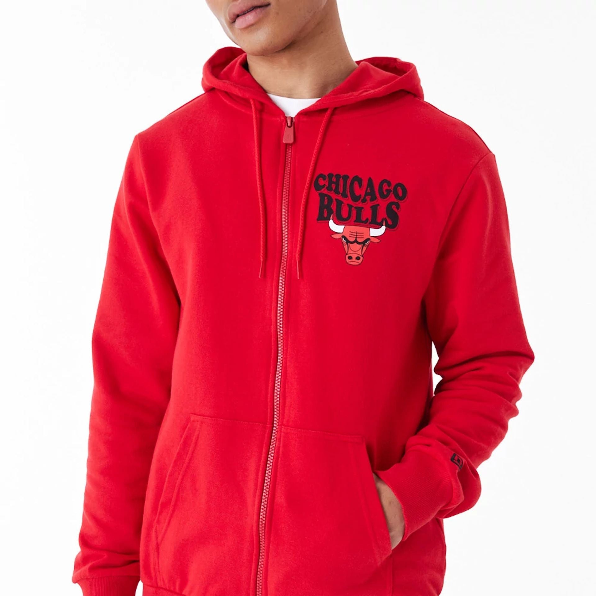 The Male model is wearing Chicago Bulls NBA Script Red Full Zip Hoodie 2