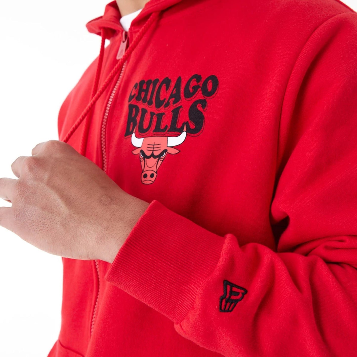 The Male model is wearing Chicago Bulls NBA Script Red Full Zip Hoodie 3