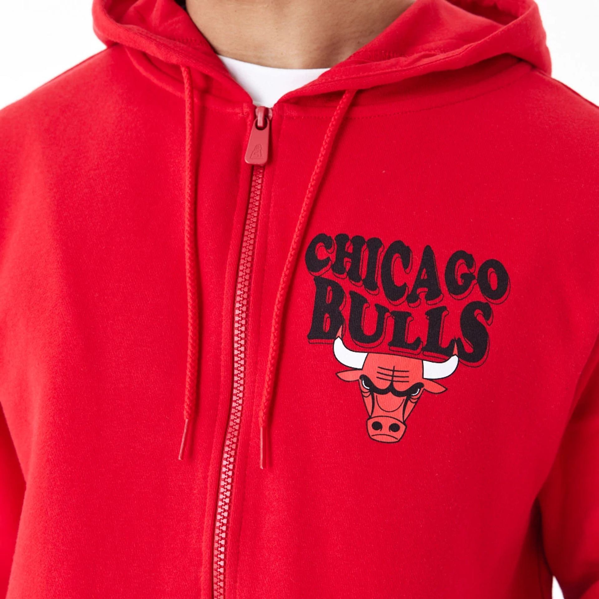 The Male model is wearing Chicago Bulls NBA Script Red Full Zip Hoodie 4