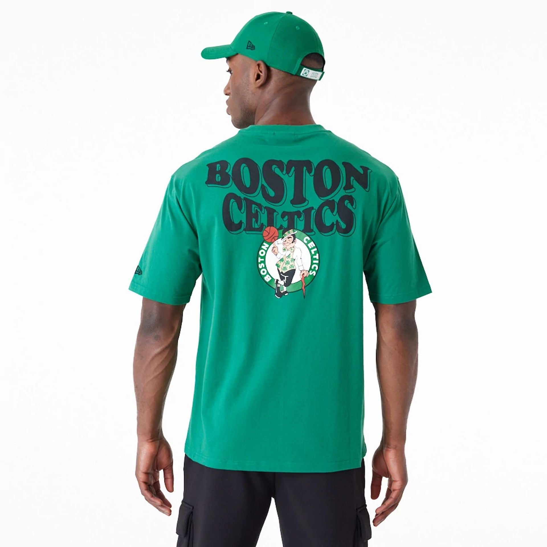 The Male model is wearing Boston Celtics NBA Script Green Oversized T-Shirt 6