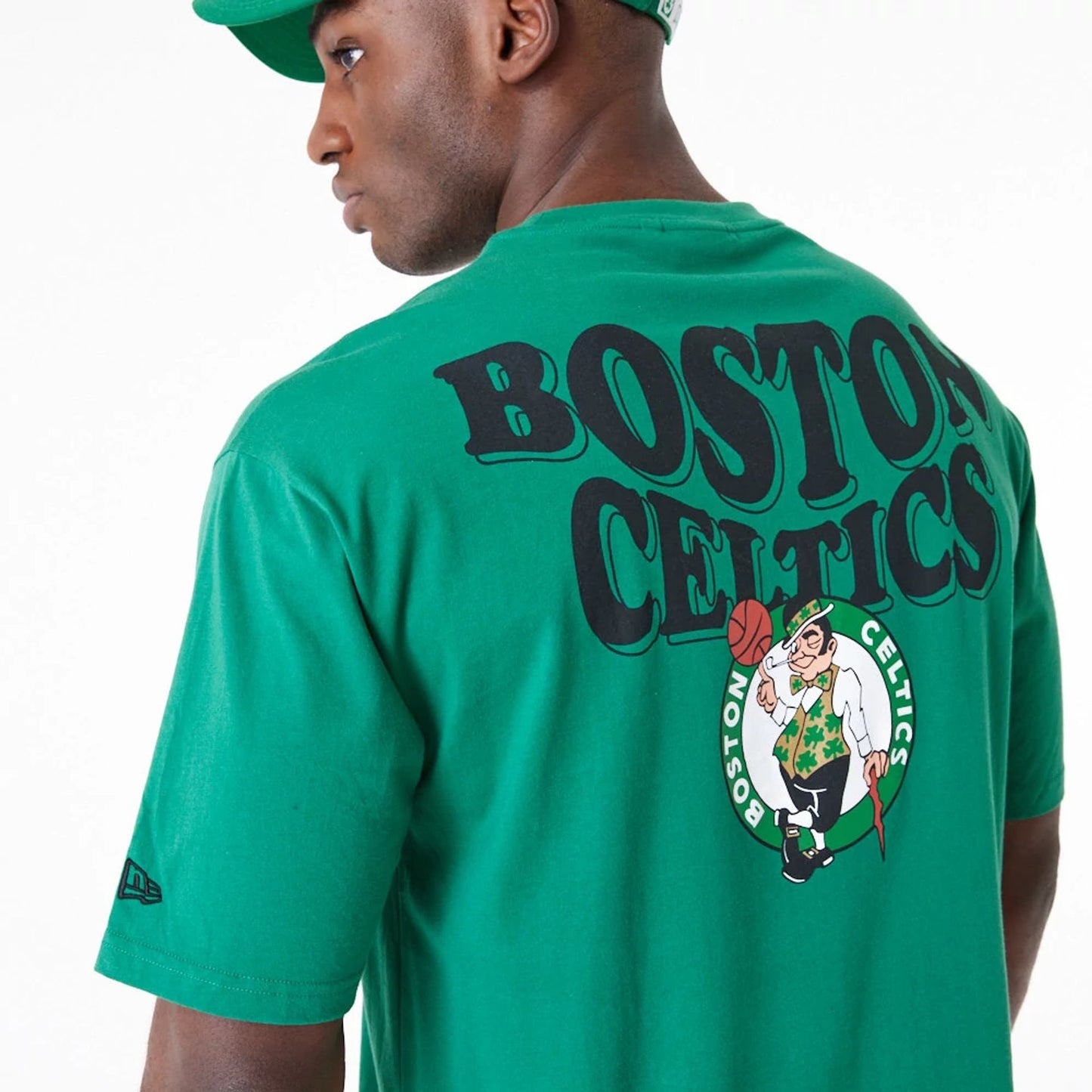 The Male model is wearing Boston Celtics NBA Script Green Oversized T-Shirt 4