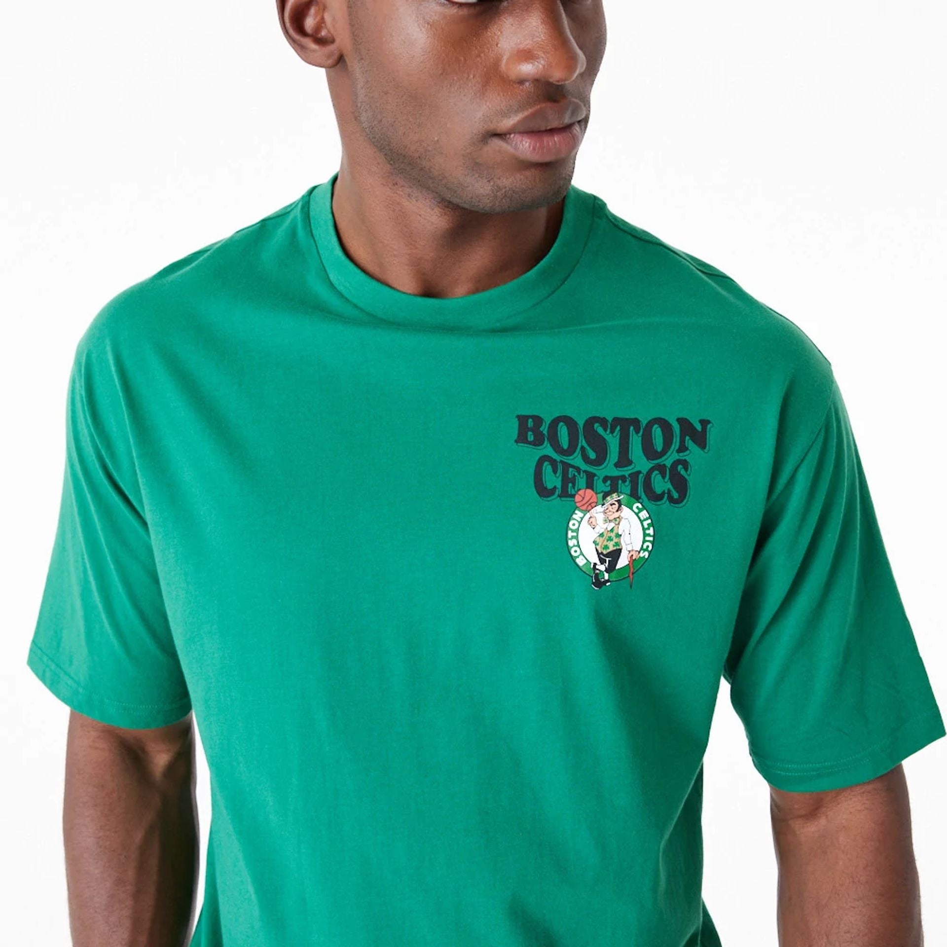 The Male model is wearing Boston Celtics NBA Script Green Oversized T-Shirt 5