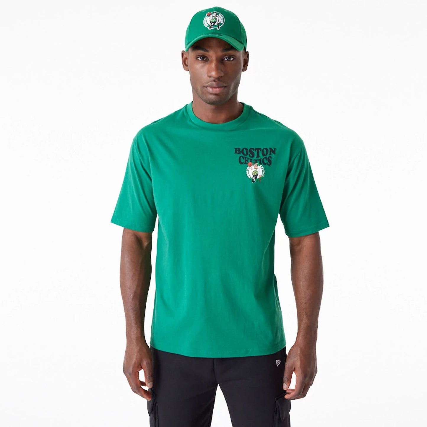 The Male model is wearing Boston Celtics NBA Script Green Oversized T-Shirt 1