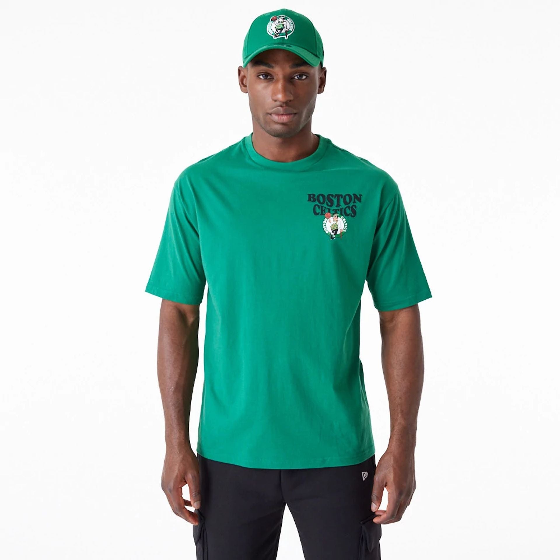 The Male model is wearing Boston Celtics NBA Script Green Oversized T-Shirt 1