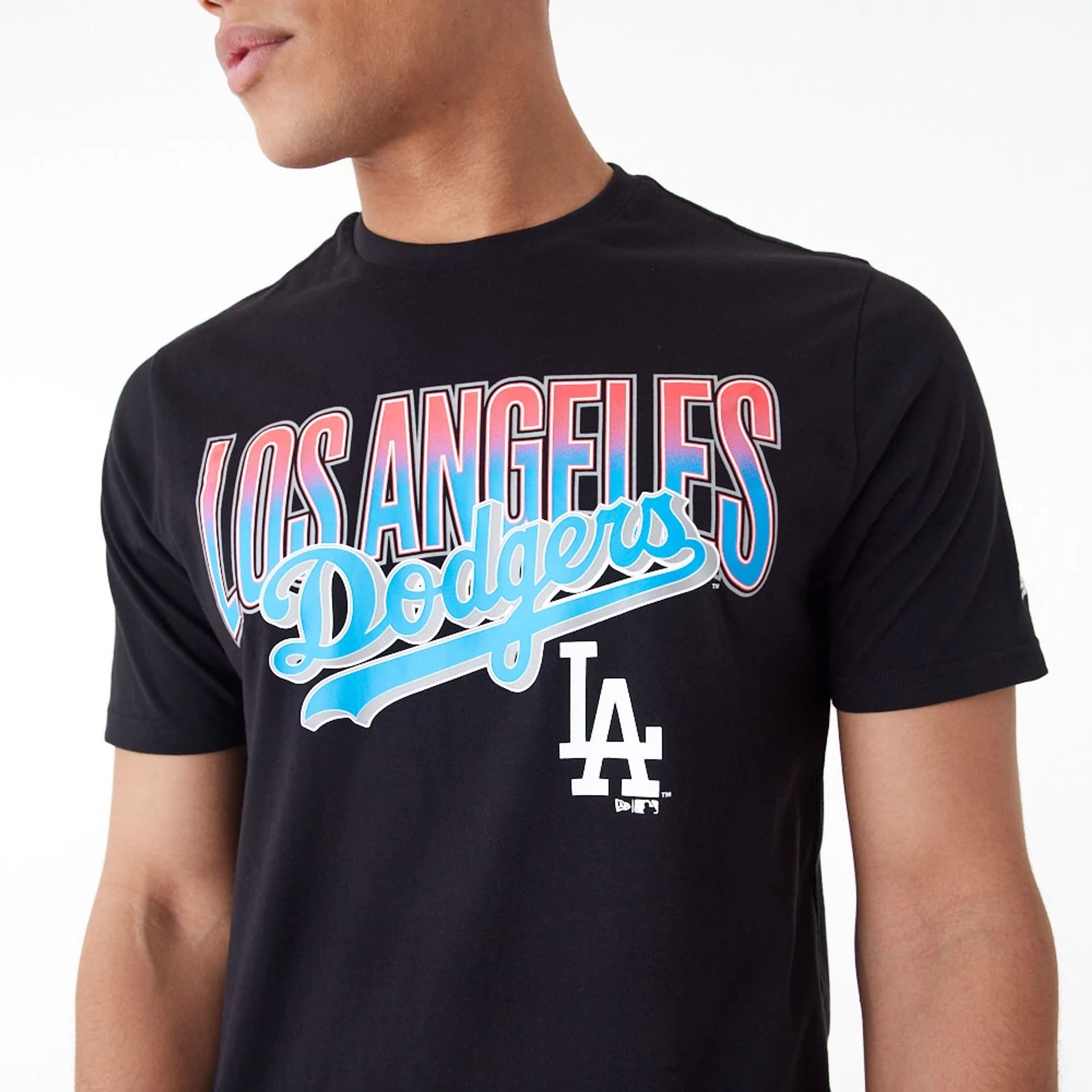 The Male model is wearing LA Dodgers MLB Gradient Graphic Black T-Shirt 6