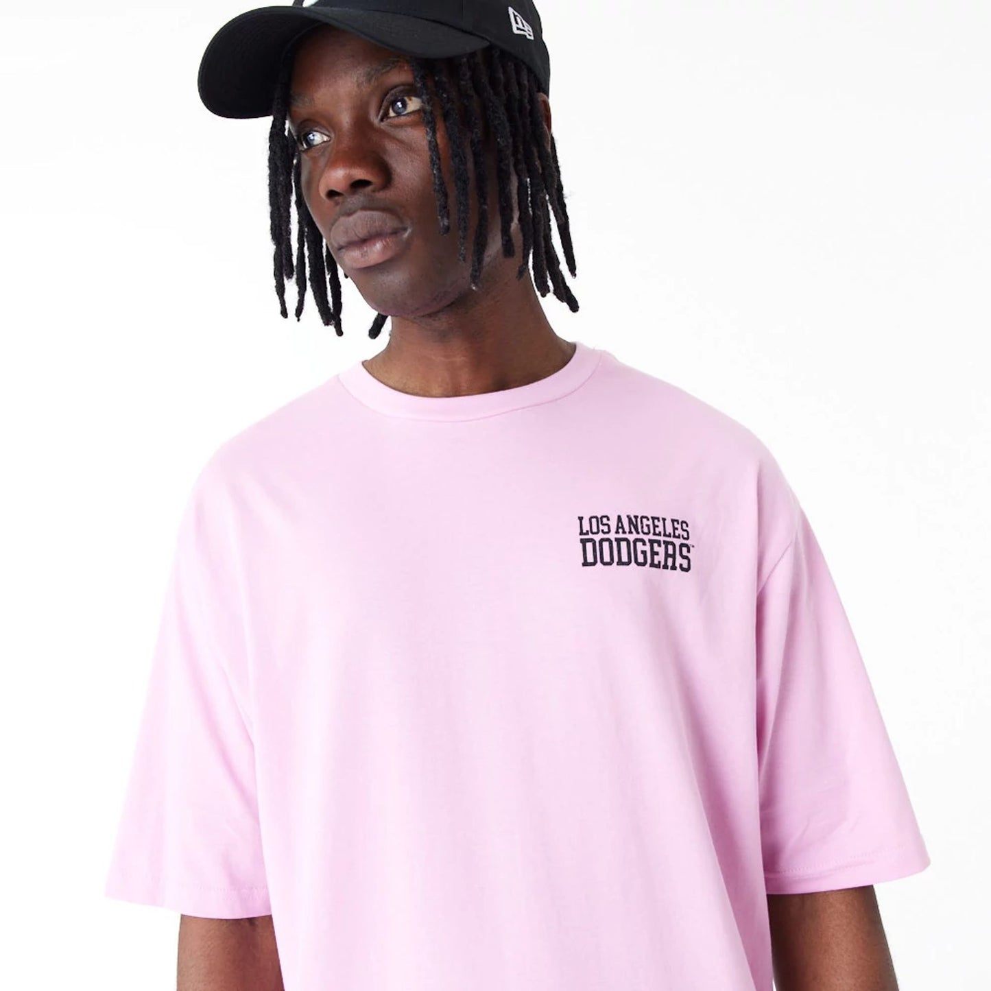 The Male model is wearing LA Dodgers MLB Wordmark Pink Oversized T-Shirt 5