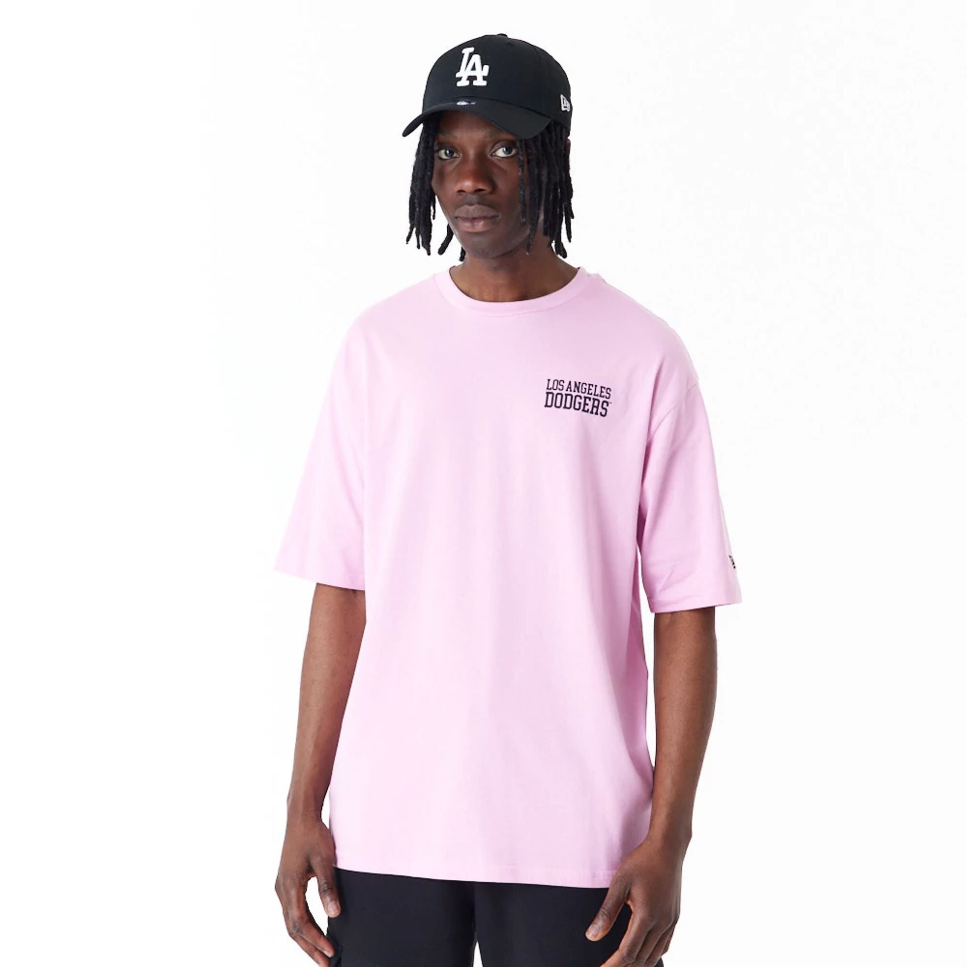 The Male model is wearing LA Dodgers MLB Wordmark Pink Oversized T-Shirt 1