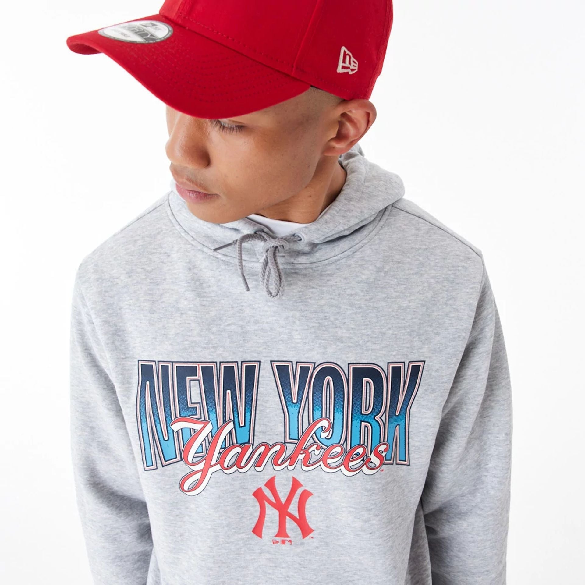 The Male model is wearing New York Yankees MLB Gradient Graphic Grey Pullover Hoodie 5