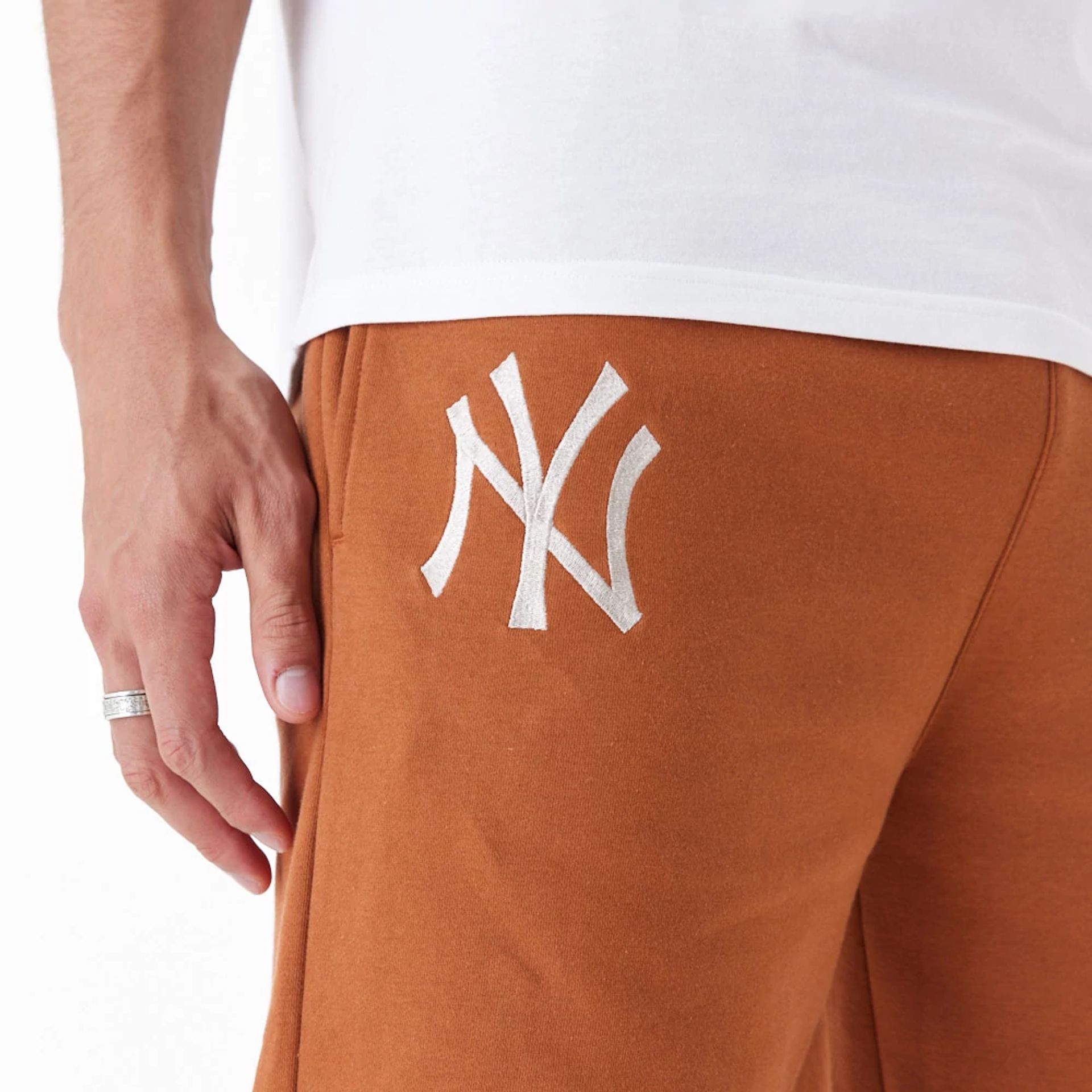 The Male model is wearing New York Yankees League Essential Brown Joggers 6