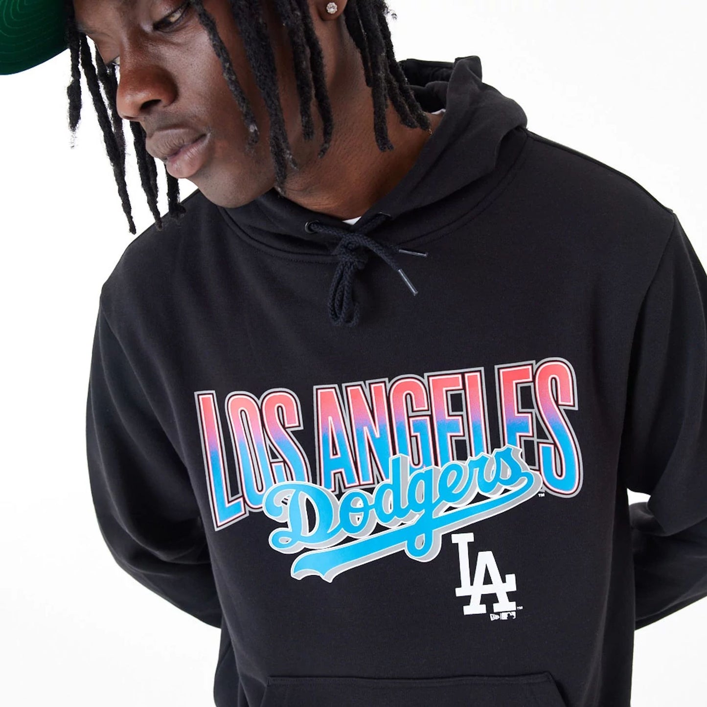 The Male model is wearing LA Dodgers MLB Gradient Graphic Black Pullover Hoodie 3