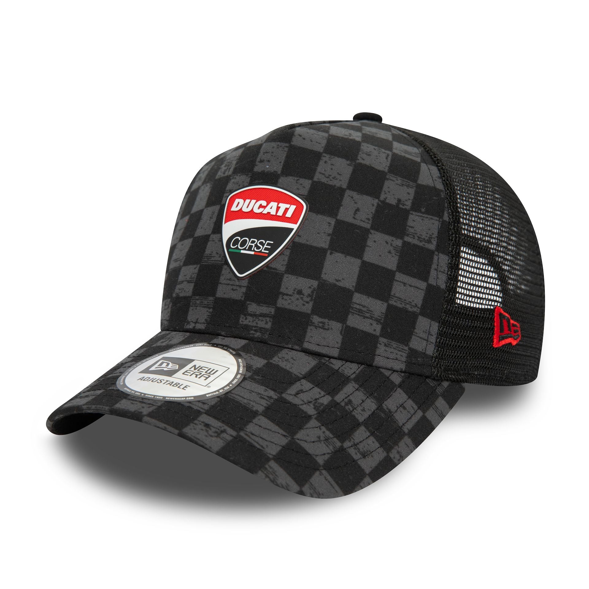 This is a Ducati Motor Logo Corse Check All Over Print Black A-Frame Trucker Cap 1