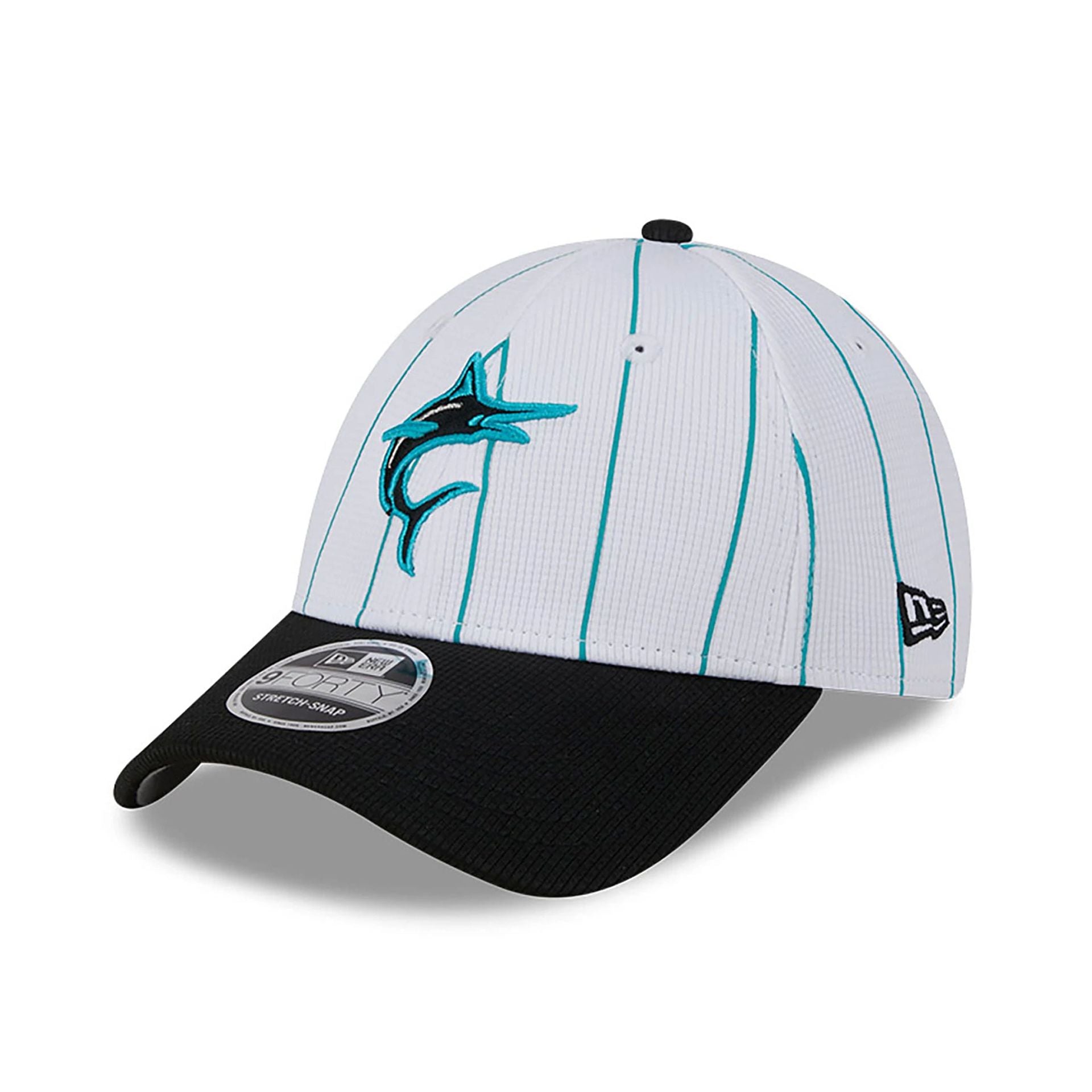 This is a Miami Marlins MLB Batting Practice White 9FORTY Stretch Snap Adjustable Cap 1