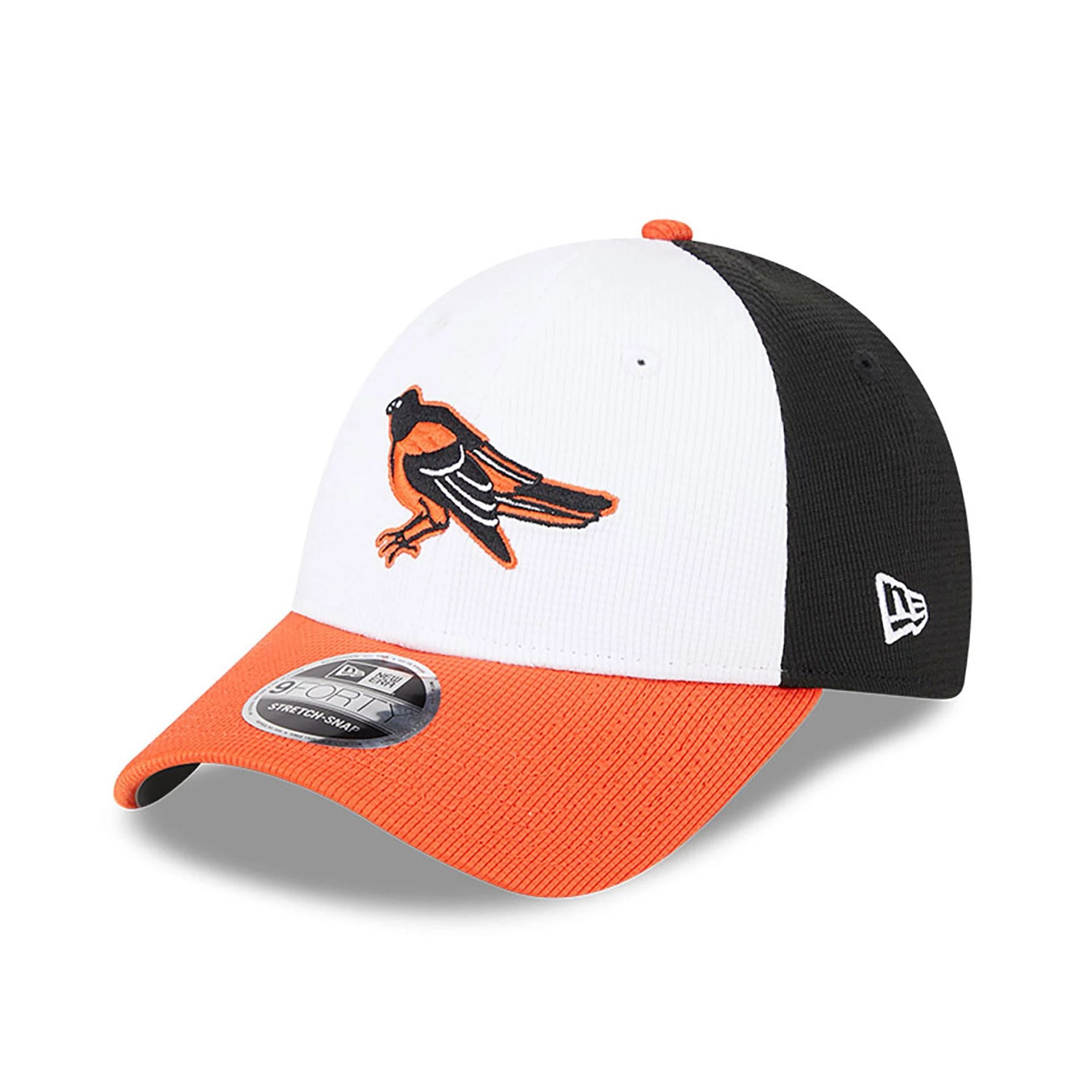 This is a Baltimore Orioles MLB Batting Practice Black 9FORTY Stretch Snap Adjustable Cap 1