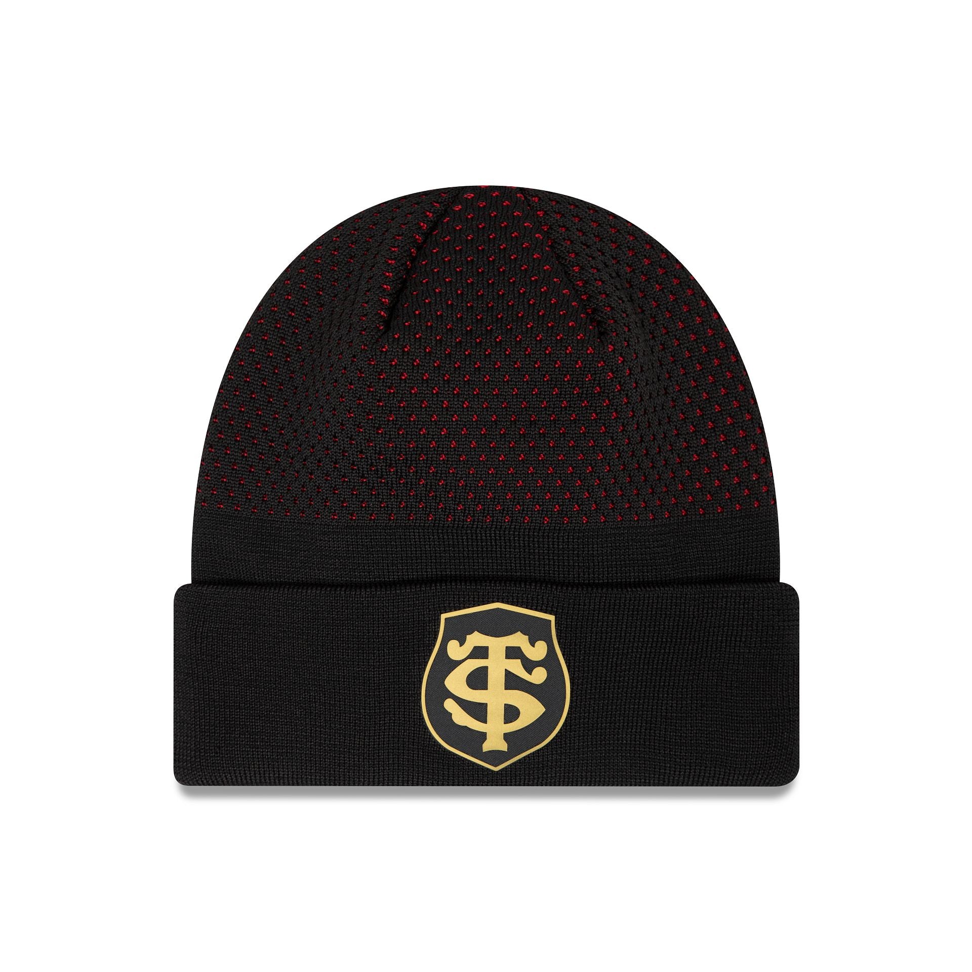 This is a Stade Toulousain Gold Engineered Black Cuff Knit Beanie Hat 1