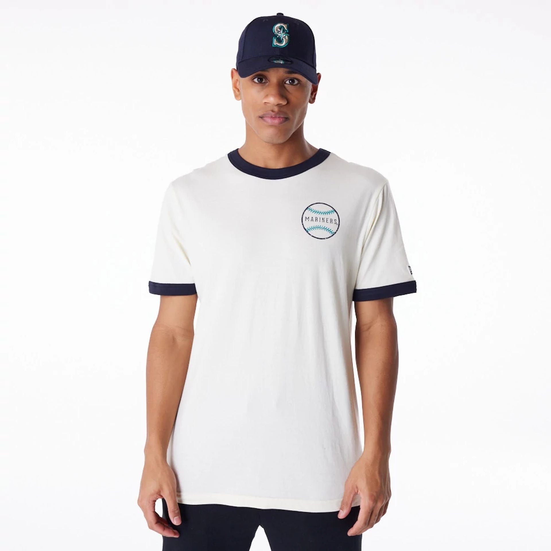 The Male model is wearing Seattle Mariners MLB Batting Practice White T-Shirt 1