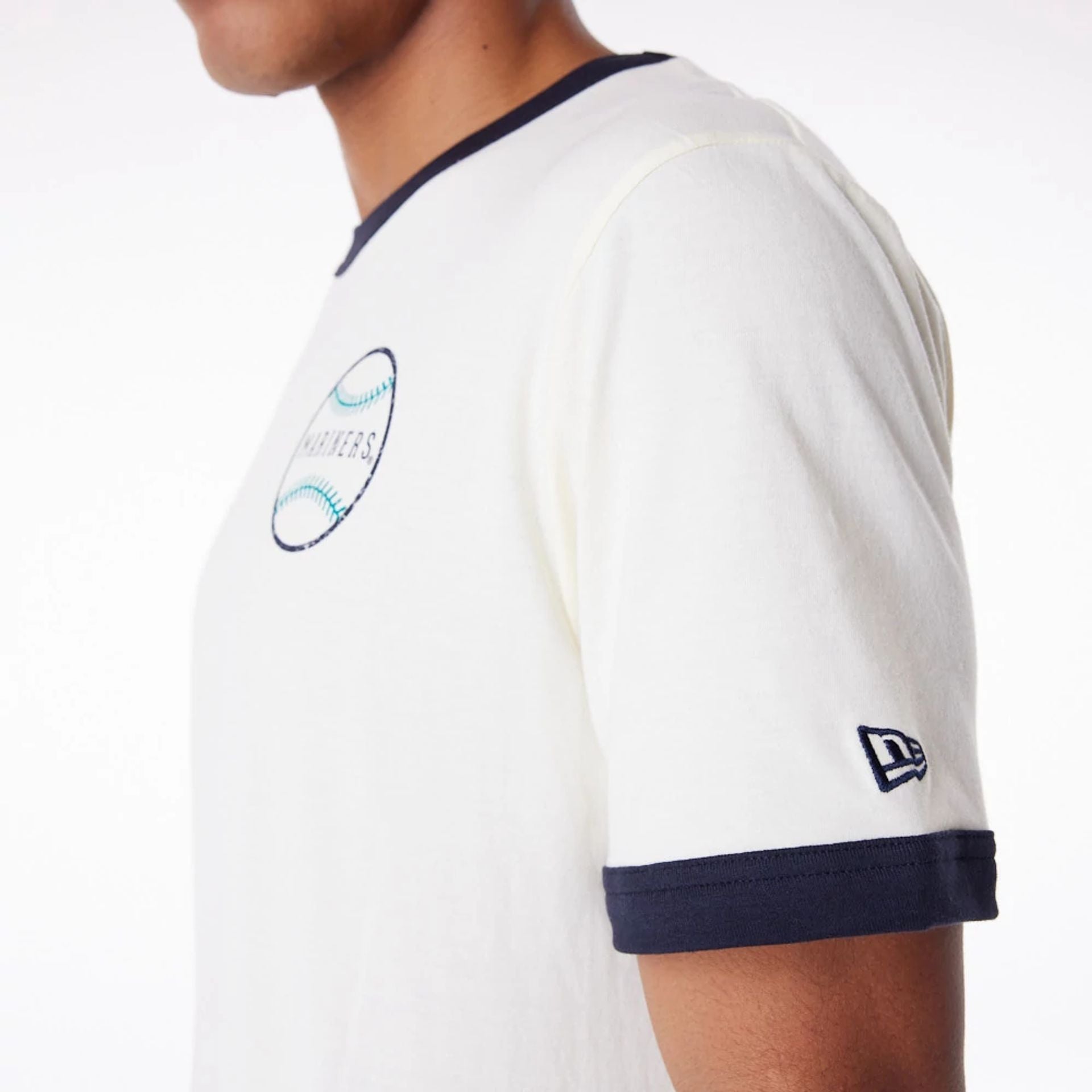 The Male model is wearing Seattle Mariners MLB Batting Practice White T-Shirt 4