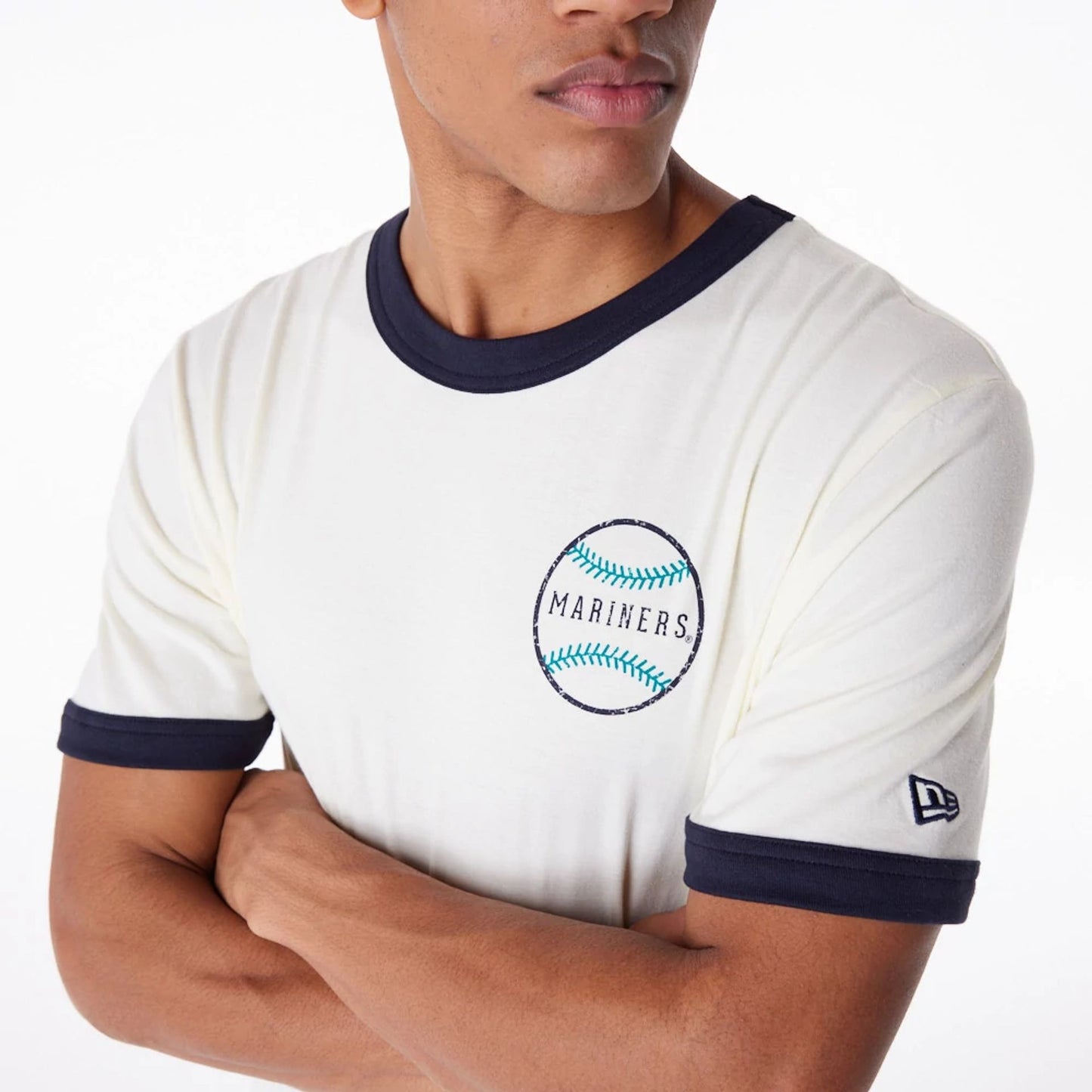 The Male model is wearing Seattle Mariners MLB Batting Practice White T-Shirt 2