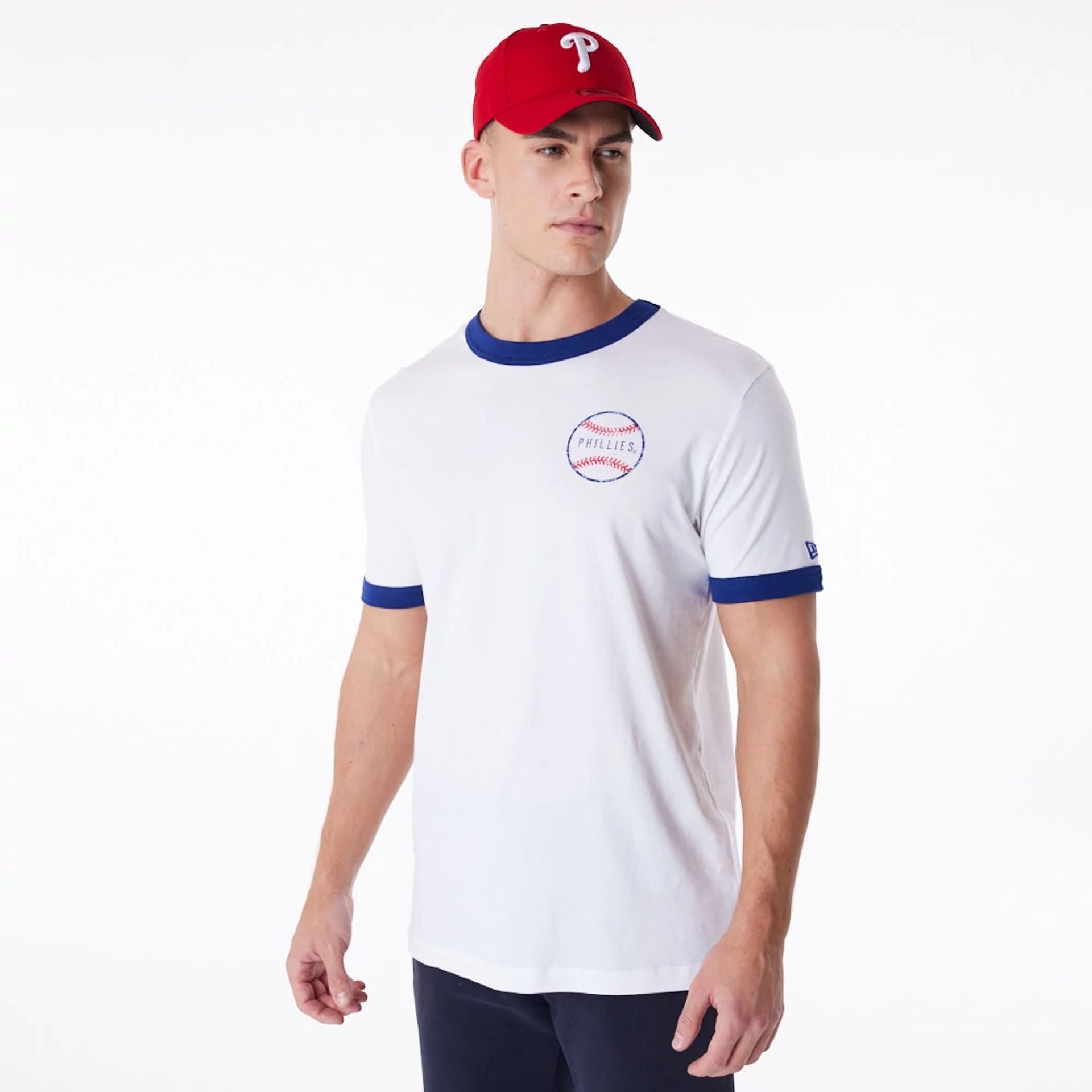 The Male model is wearing Philadelphia Phillies MLB Batting Practice White T-Shirt 1