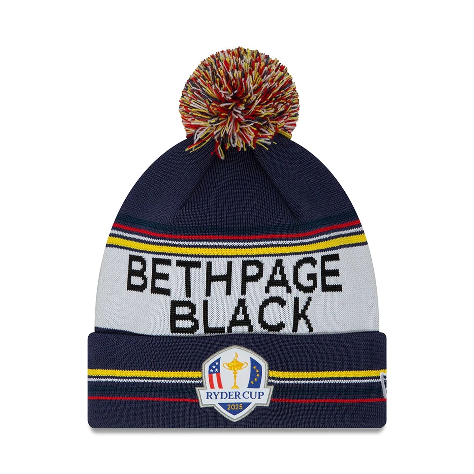 This is a Ryder Cup Europe 2025 Engineered Navy Bobble Knit Beanie Hat 1