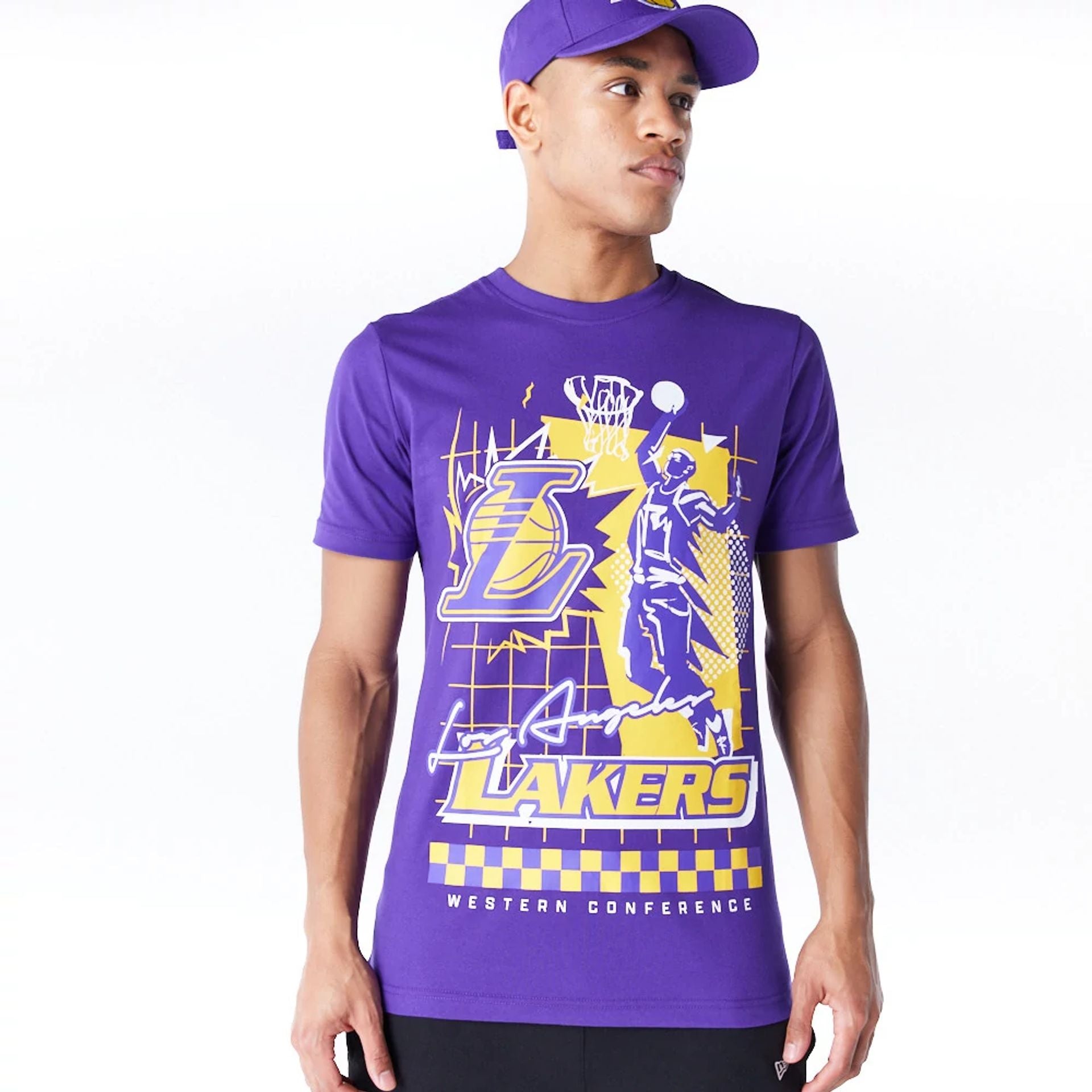 The Male model is wearing LA Lakers NBA Rally Drive Purple T-Shirt 1