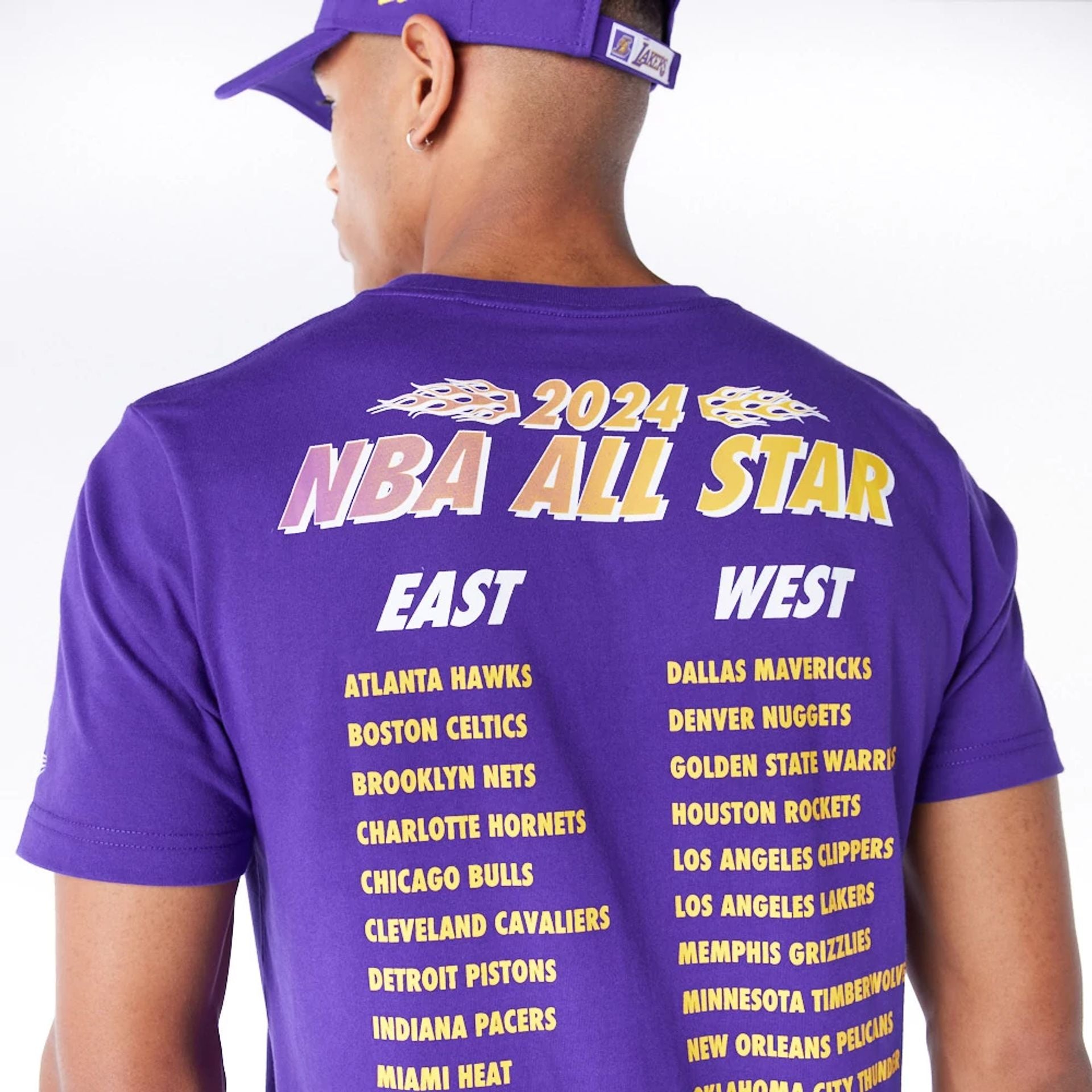 The Male model is wearing LA Lakers NBA Rally Drive Purple T-Shirt 2