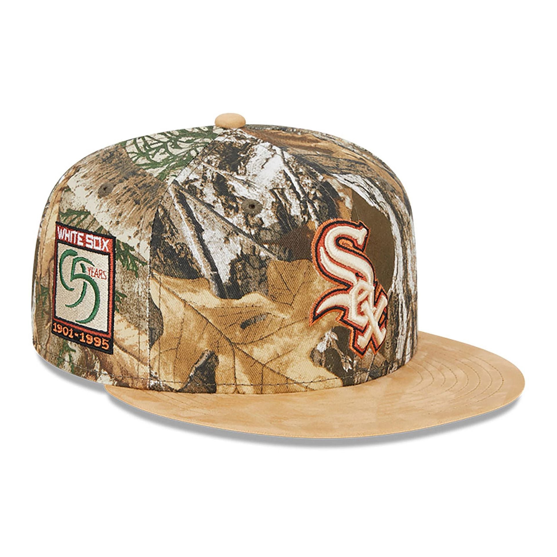 This is a Chicago White Sox MLB Real Tree Camo Print 59FIFTY Fitted Cap 1