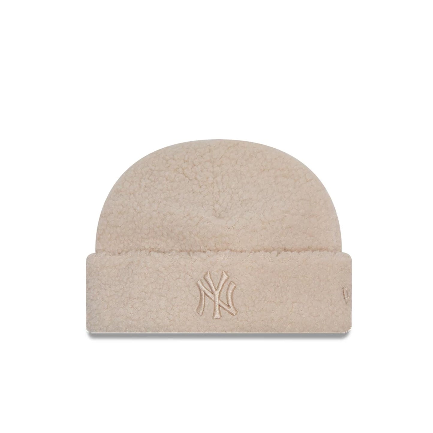 This is a New York Yankees Borg Light Beige Womens Cuff Knit Beanie Hat 1