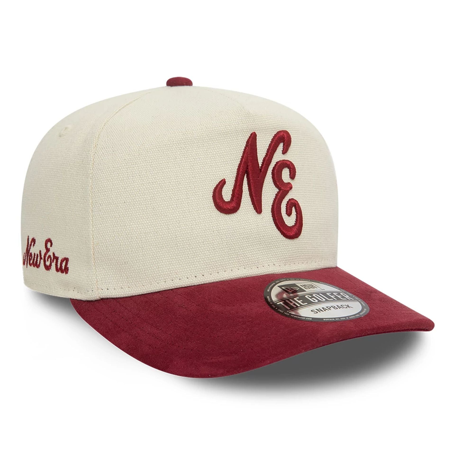 This is a New Era Two Tone Light Beige and Dark Red Golfer Cap 1